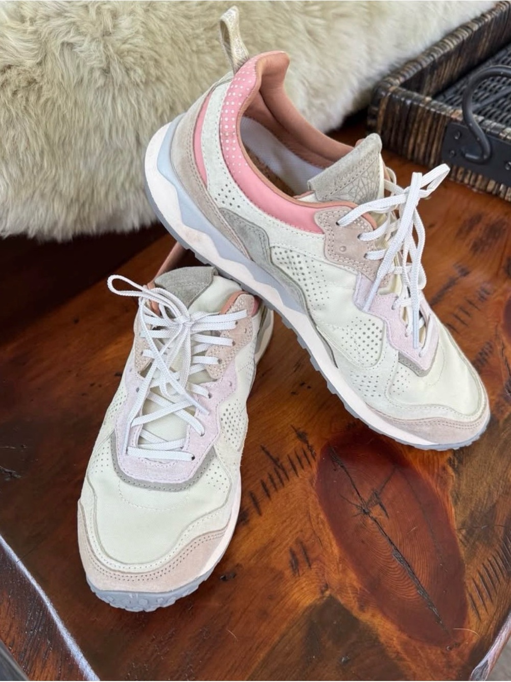 Anthropologie Ivory and Pink Suede-Trim Sneakers